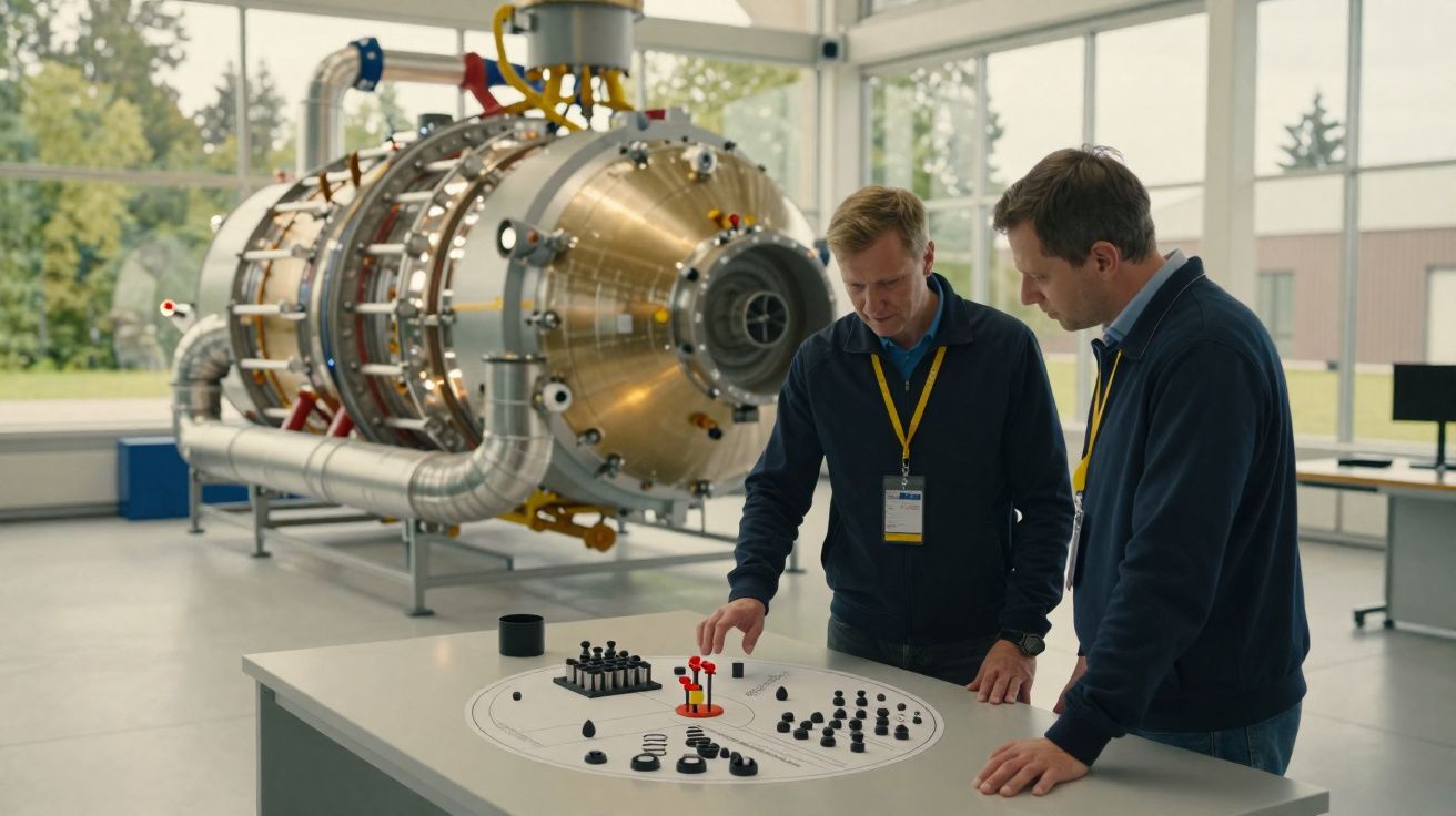 Zwei Männer betrachten ein Modell mit technischen Komponenten vor einer großen maschinellen Apparatur im Labor.