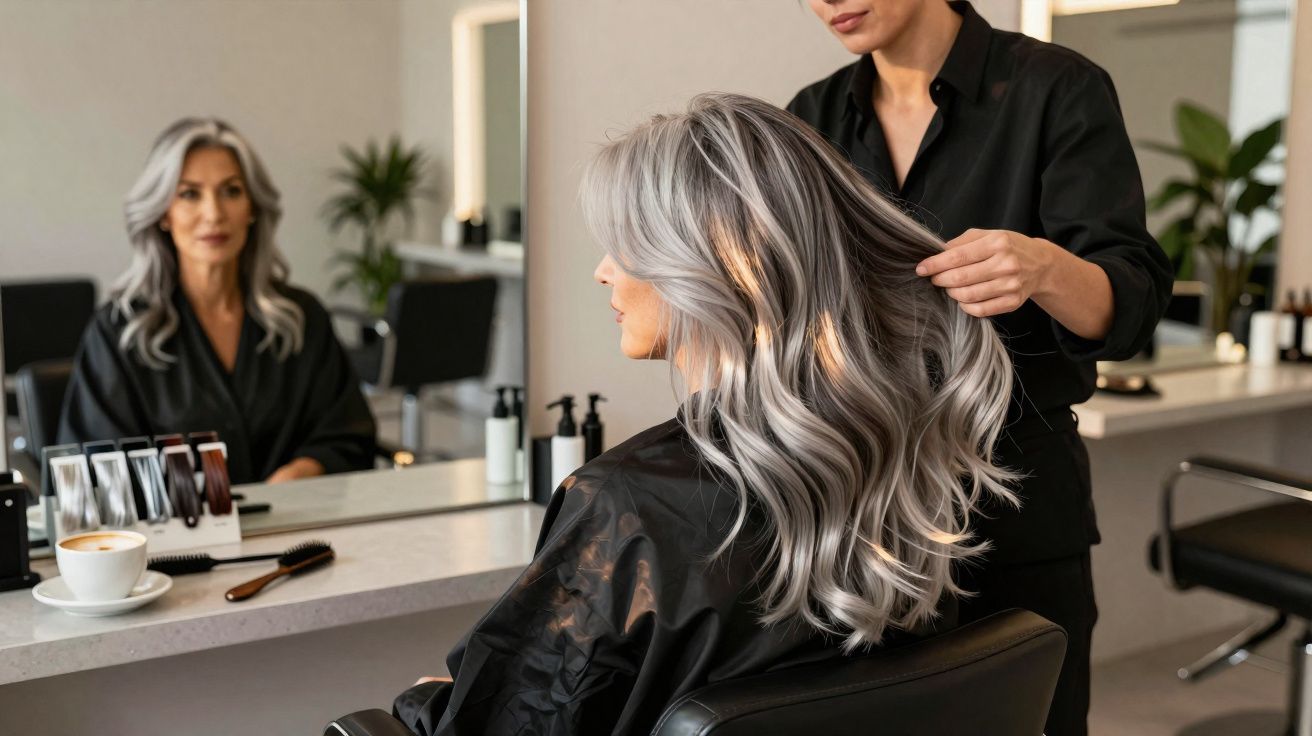 Frau mit langen, grauen Haaren sitzt beim Friseur, während Stylistin ihre Haare frisiert.