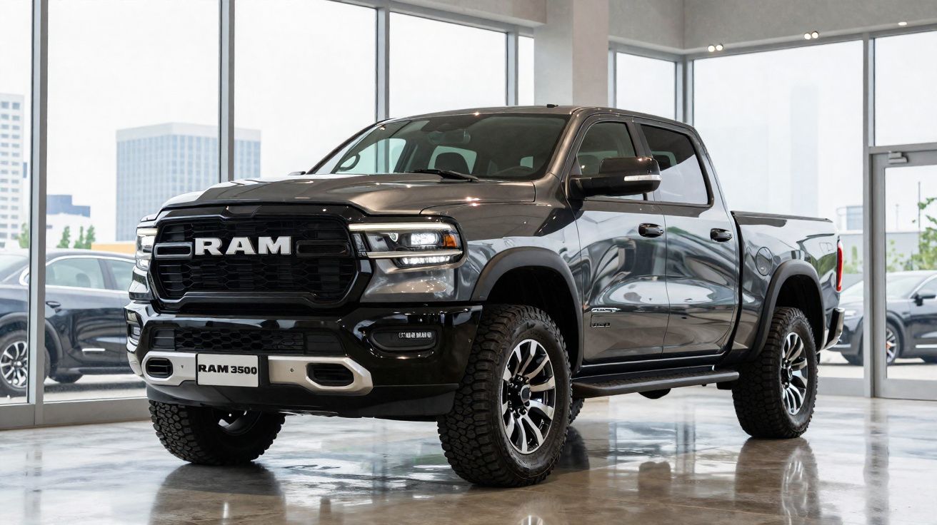 Schwarzer RAM 3500 Pickup im Showroom mit großem Kühlergrill und robusten Offroad-Reifen.