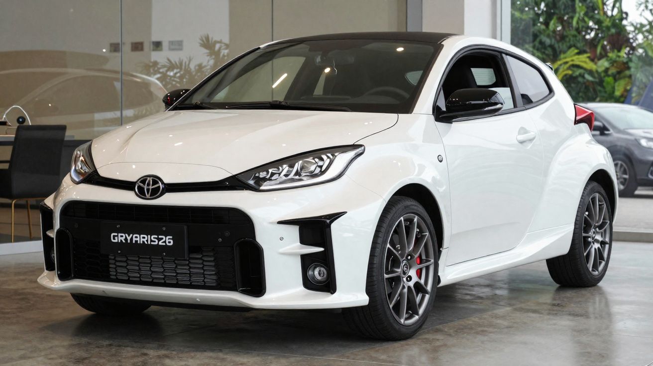 Weißer Toyota GR Yaris 26 in Innenraum, sportliches Design, Frontansicht leicht schräg.