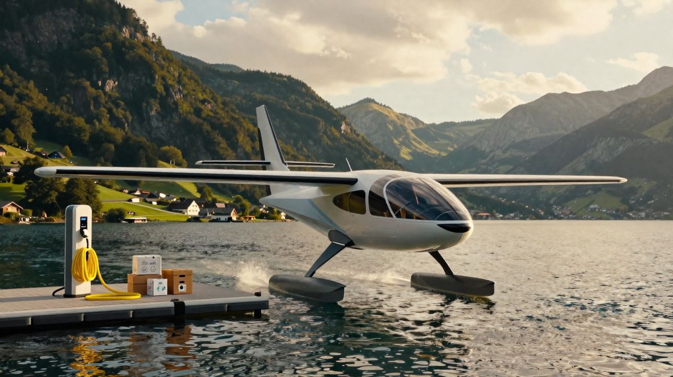 Modernes Wasserflugzeug beim Start an einem Steg mit Ladesäule in einer Bergseenlandschaft.