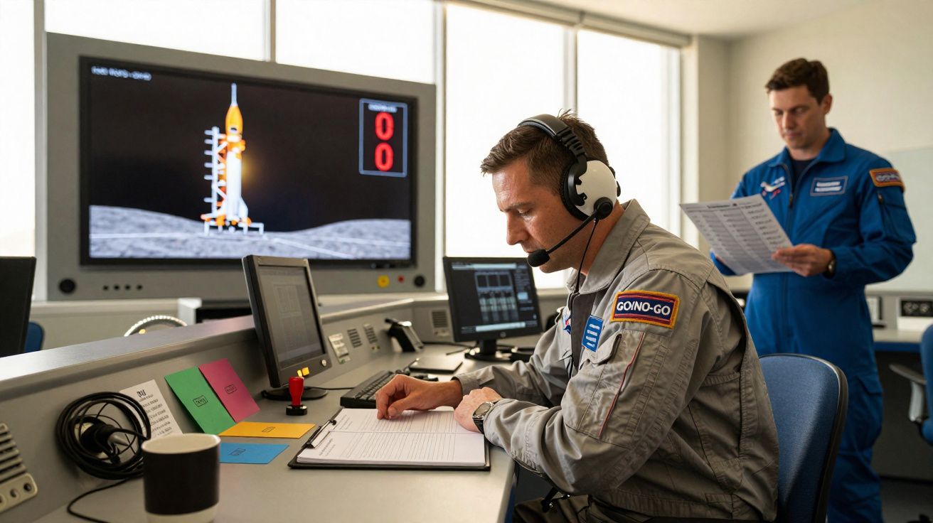Zwei Männer im Kontrollraum verfolgen eine Raketenstartsituation auf Monitoren und arbeiten an Dokumenten.