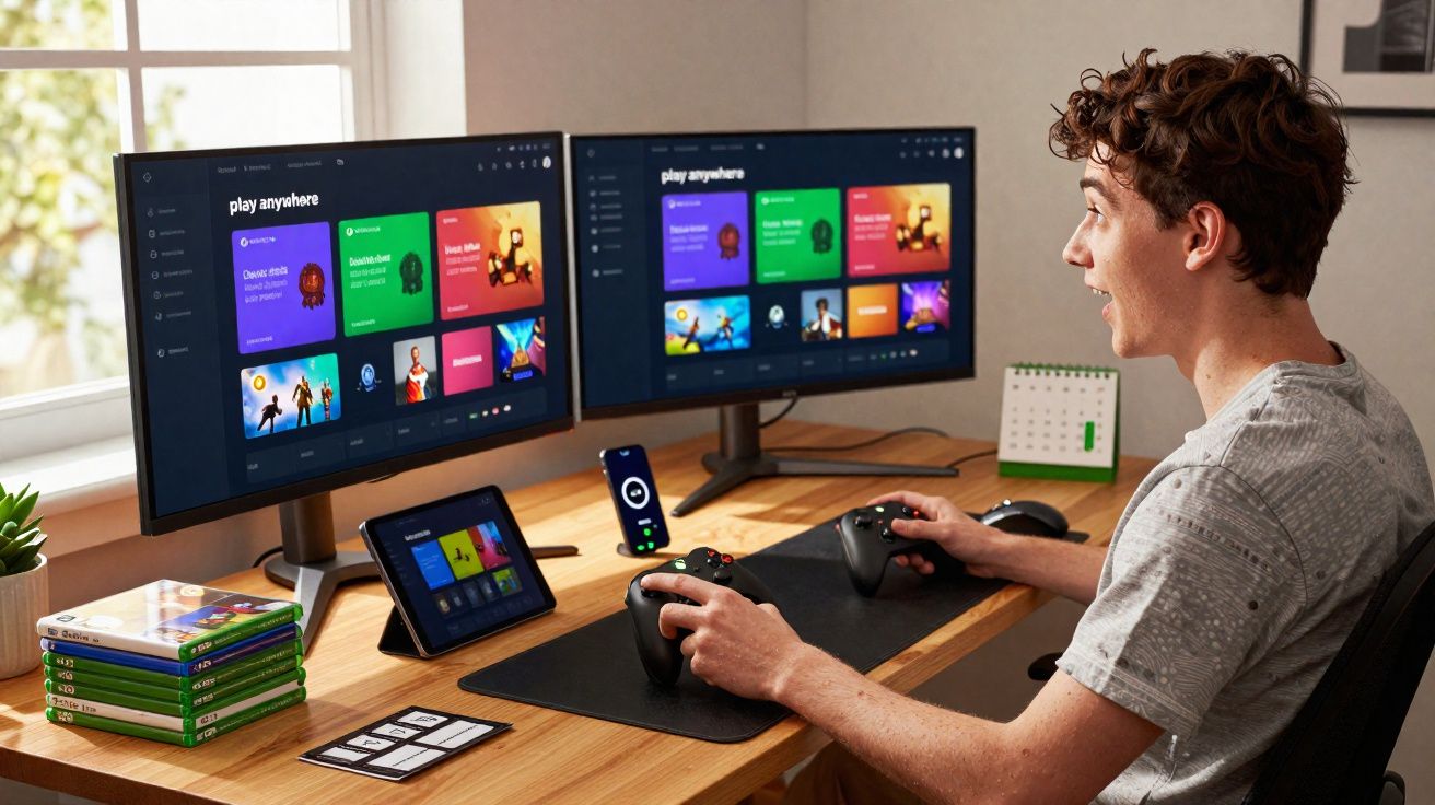 Junger Mann spielt Videospiele an zwei Monitoren mit zwei Controllern an einem Schreibtisch.