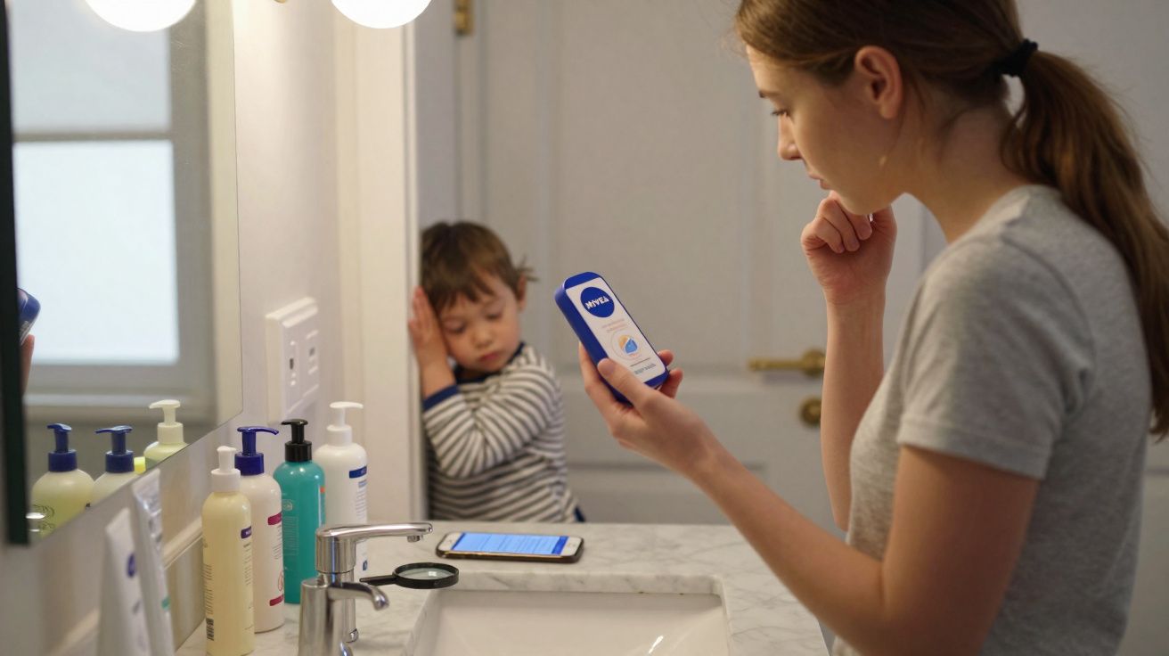 Frau im Badezimmer liest Inhaltsstoffe auf einem Nivea-Produkt, Kind lehnt wartend an der Tür.