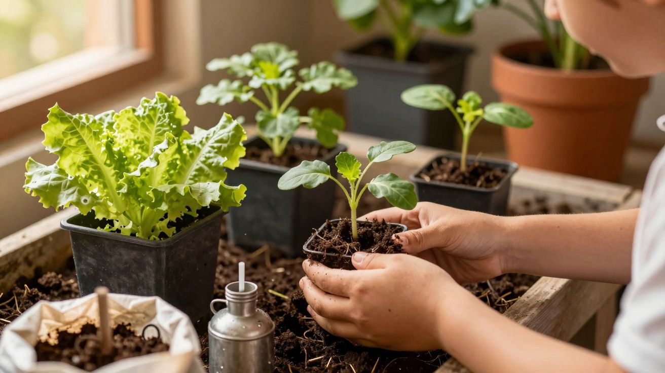 Kinderhände setzen junge Pflanzen in Töpfe mit Erde auf einer Fensterbank mit grünem Salat.