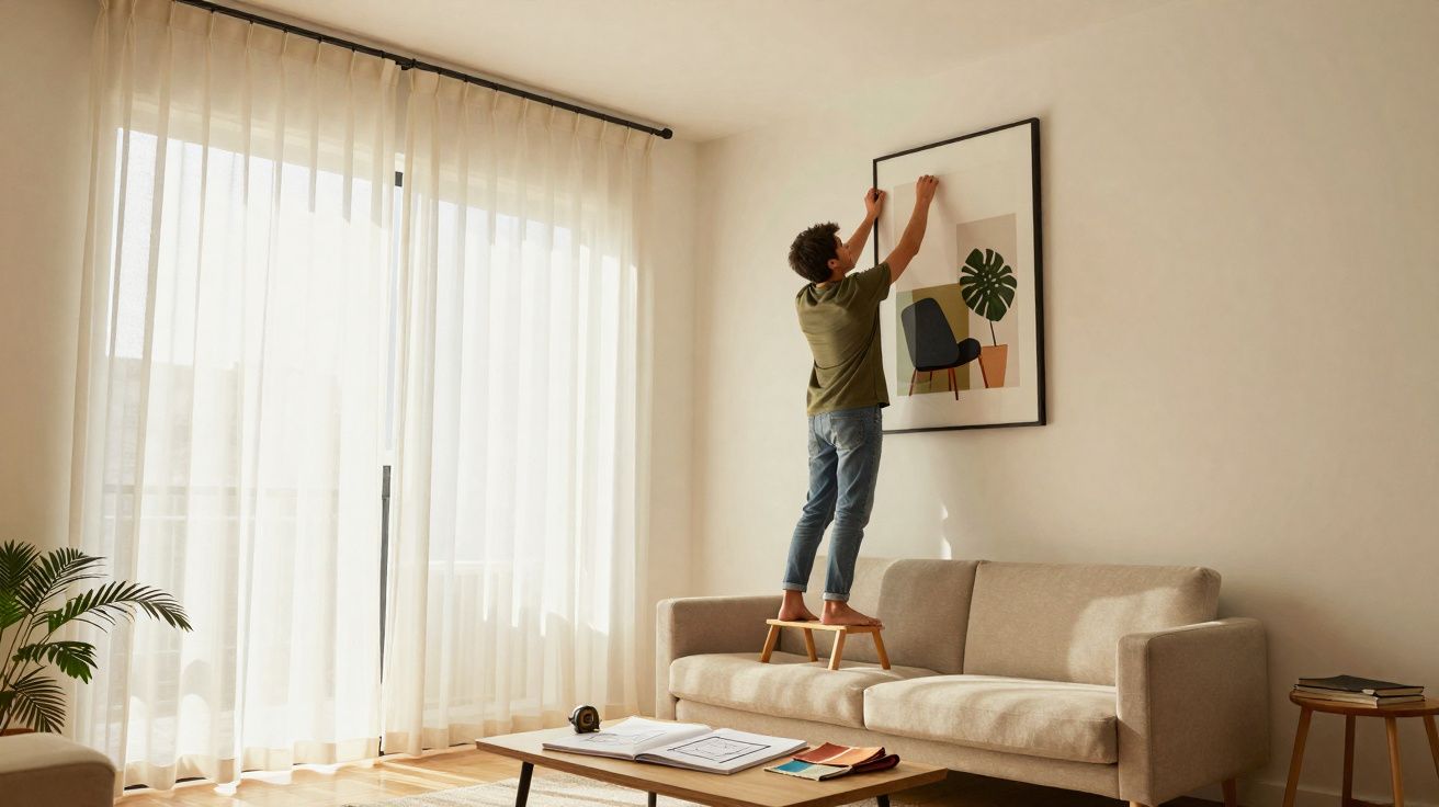 Junge steht auf einem Hocker auf einem Sofa und hängt ein Bild an die Wand in einem hellen Wohnzimmer.