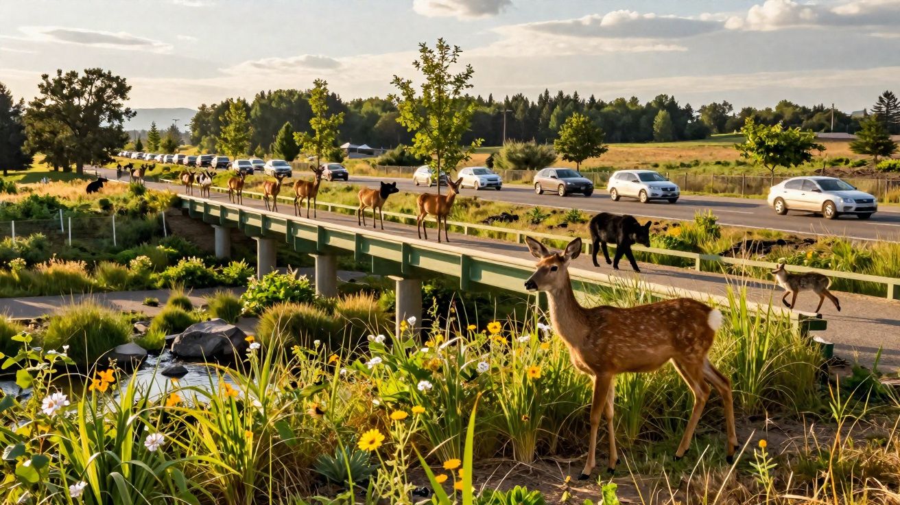 Hirsche und ein Bär überqueren eine Brücke neben einer Straße mit Autos in einer grünen Landschaft bei Sonnenlicht.