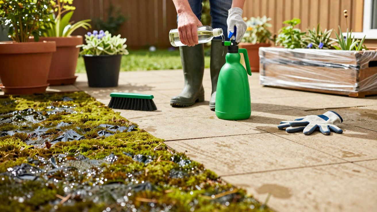 Person gießt Flüssigkeit in eine grüne Gartenspritze, um Moos von Terrasse aus Steinplatten zu entfernen.