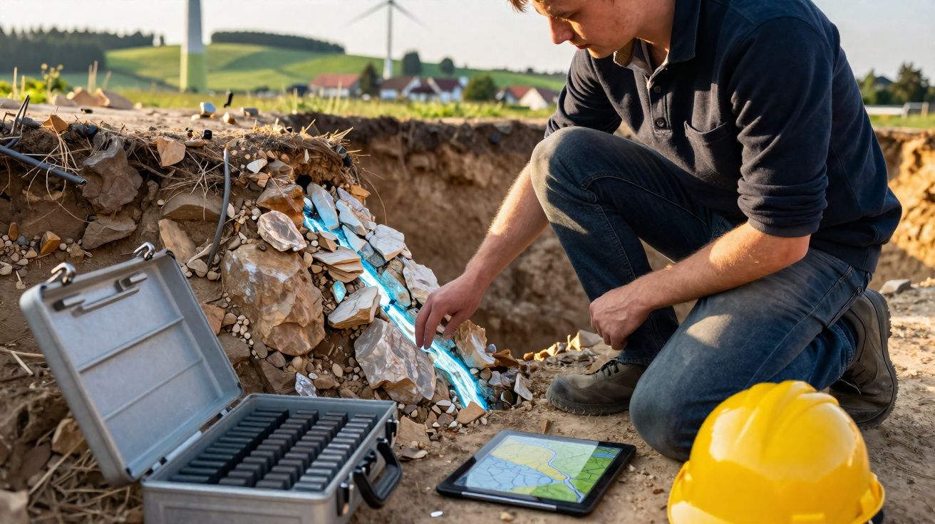 Archäologe untersucht ausgegrabene Fundstücke mit digitalen Geräten auf einer Ausgrabungsstätte im Freien.