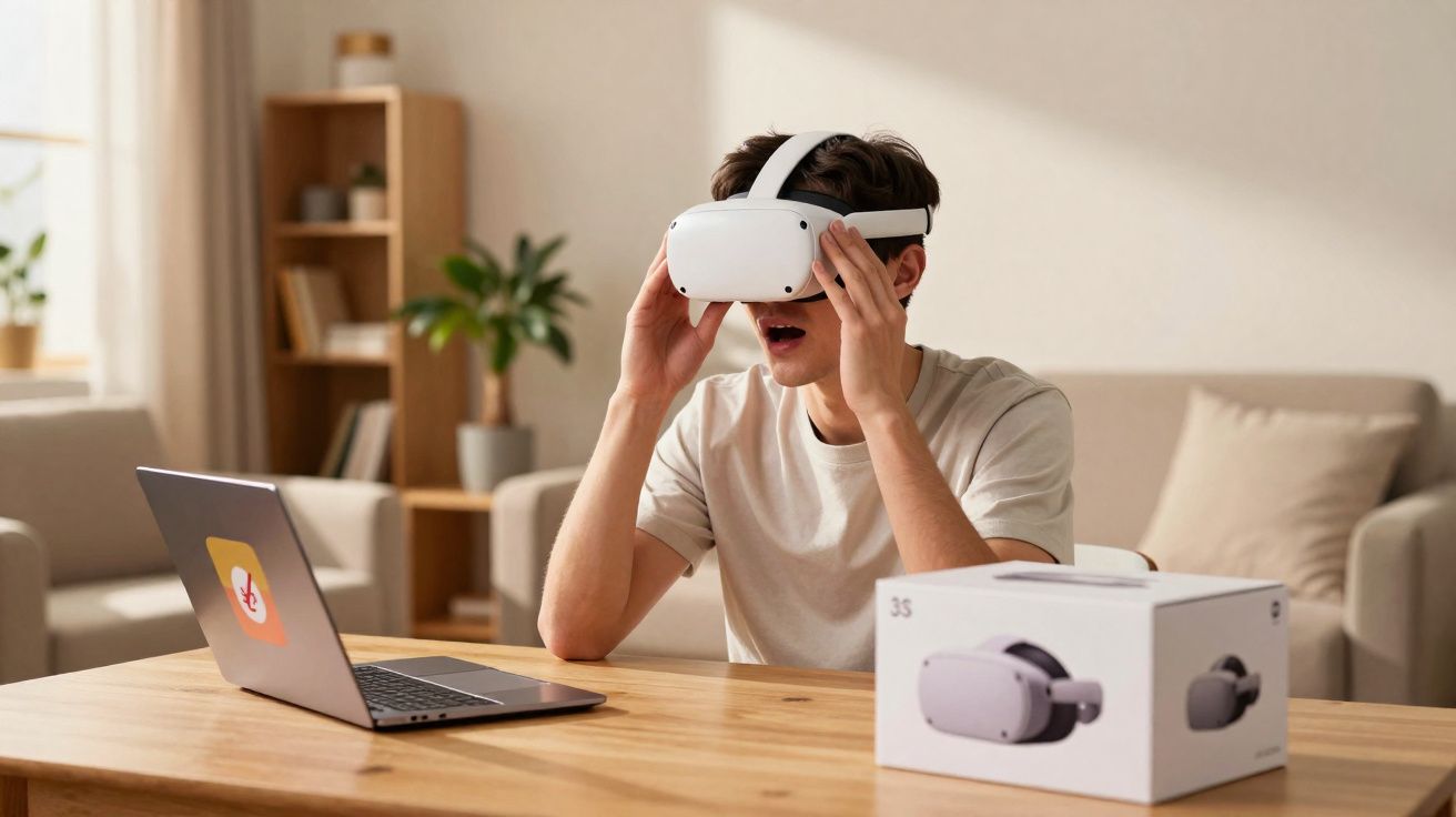Junger Mann sitzt am Tisch mit VR-Brille, Laptop und VR-Brillenverpackung im Wohnzimmer.