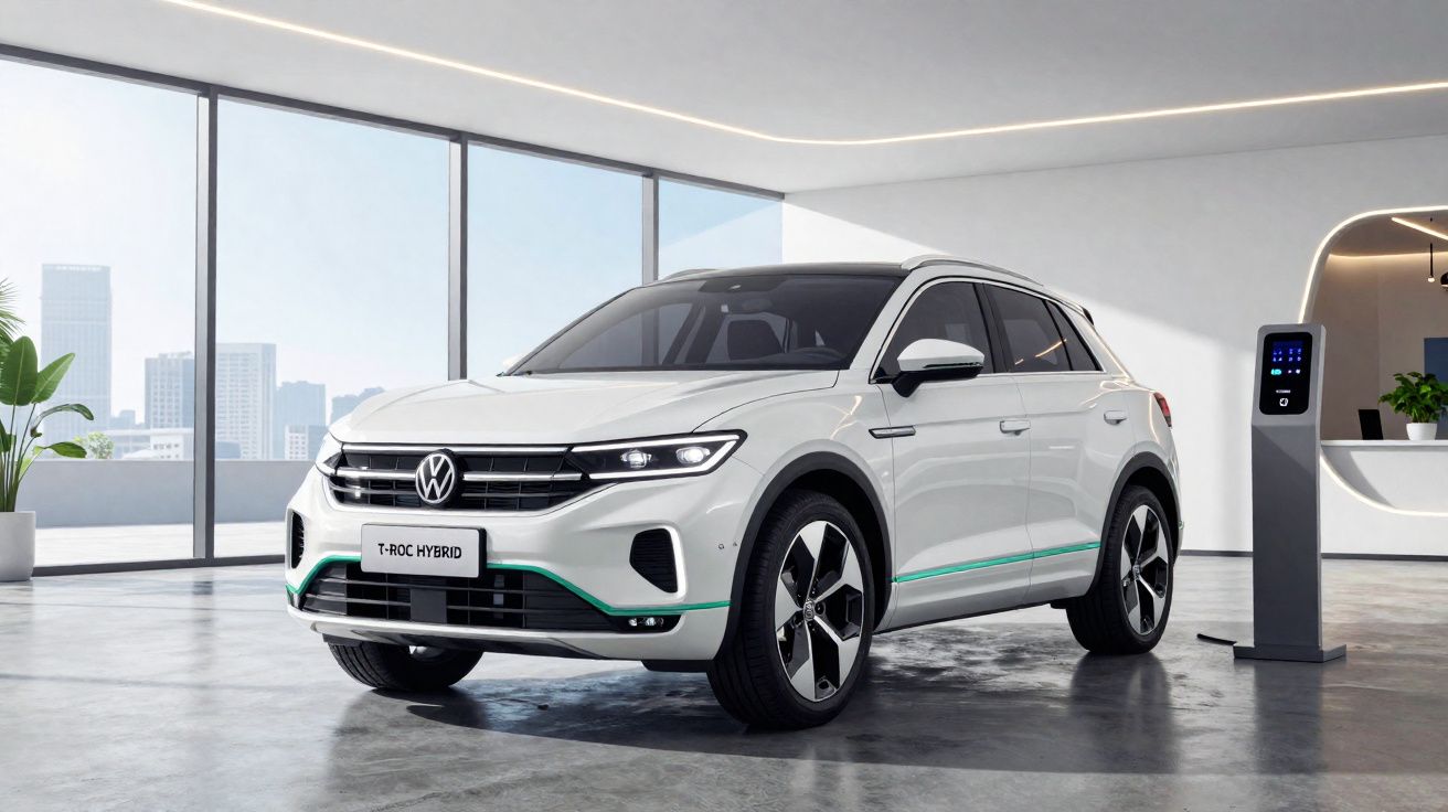Weißer VW T-Roc Hybrid In einer modernen Halle neben einer Ladestation stehend.
