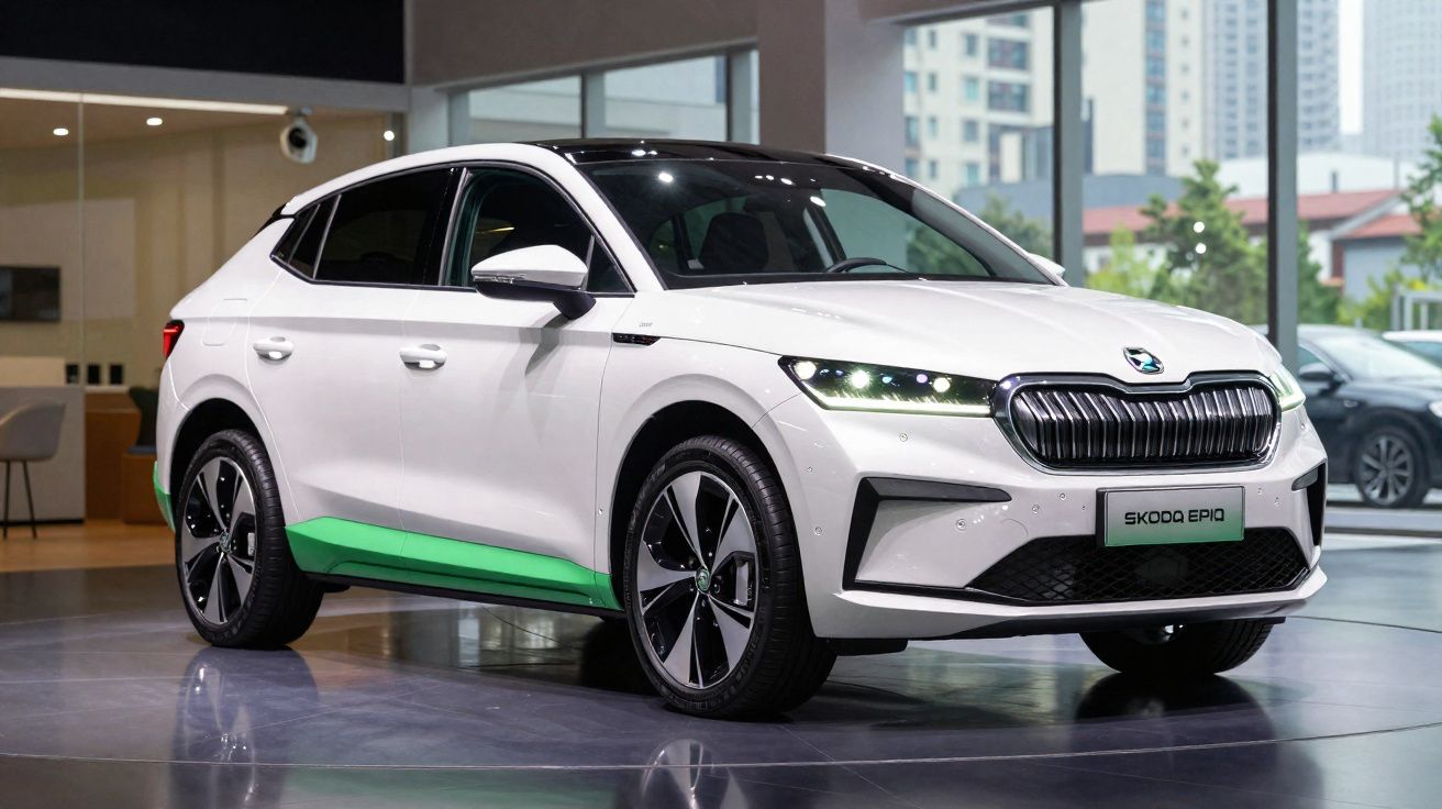 Weißer Skoda Enyaq iV Elektro-SUV mit grünen Akzenten in modernem Showroom.