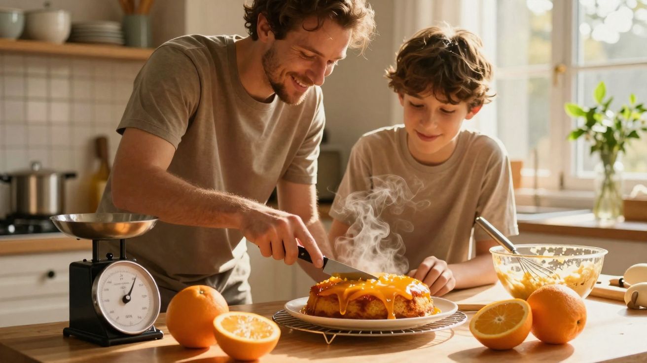 Vater schneidet dampfenden Kuchen, Sohn schaut zu, umgeben von Orangen in heller Küche.