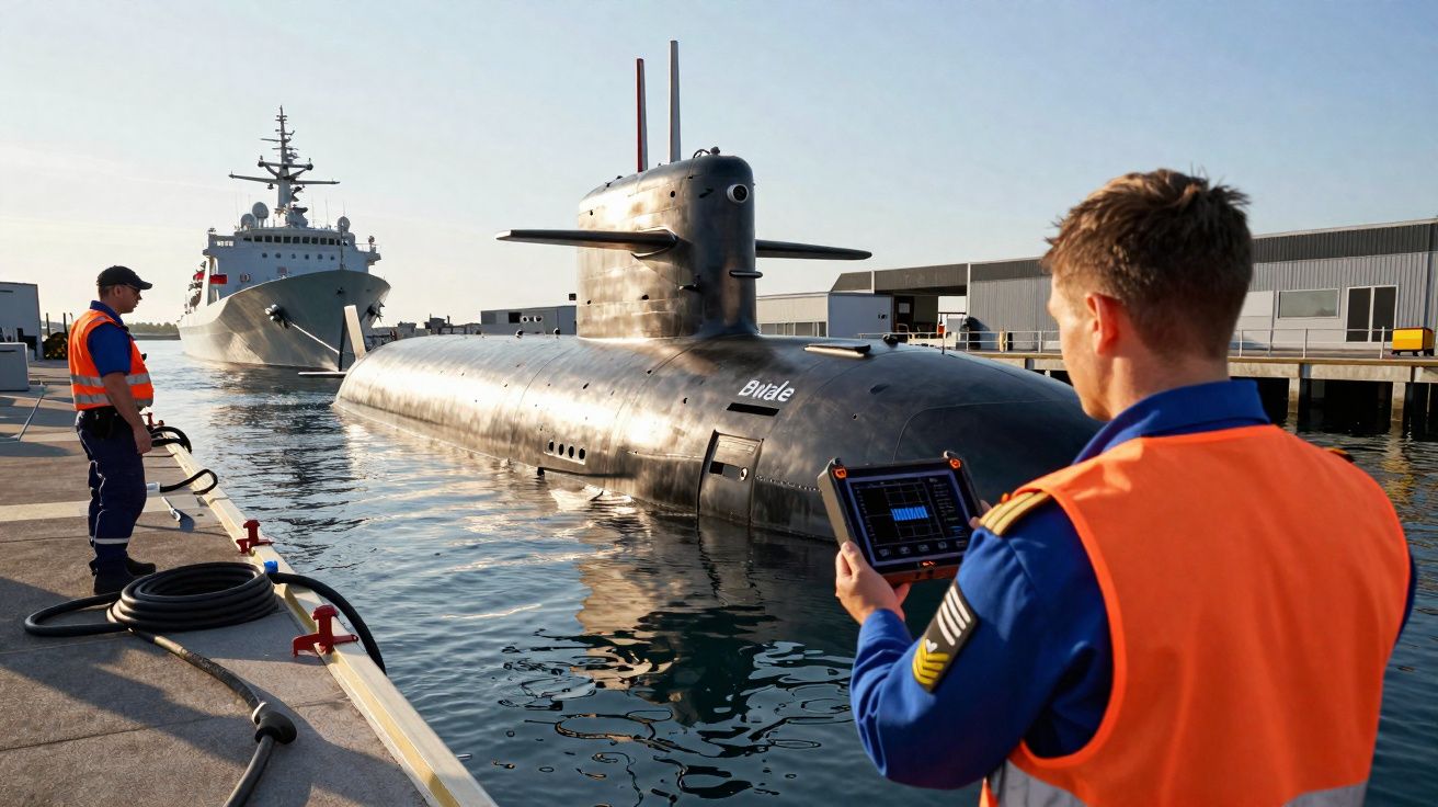Zwei Marineoffiziere kontrollieren ein U-Boot namens Birdie im Hafen, ein Kriegsschiff im Hintergrund.