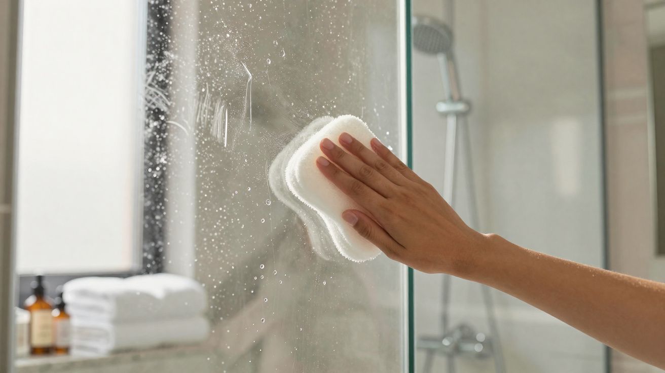 Hand wischt mit Schwamm Wasserflecken von Duschglasscheibe in hellem Badezimmer und Duschkopf.