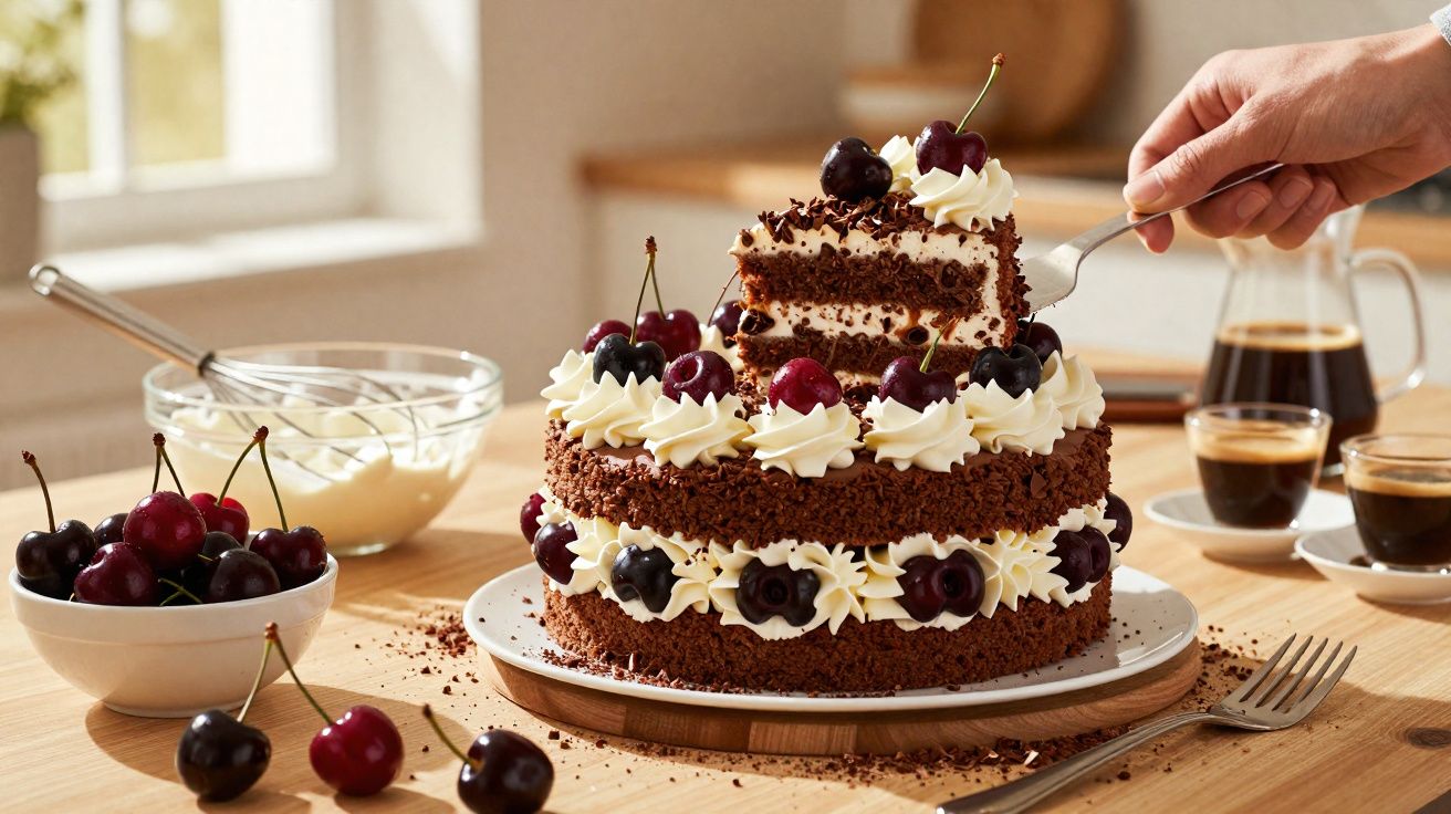 Schwarzwälder Kirschtorte mit Sahne und Kirschen auf Holztisch, eine Hand hebt ein Stück mit Gabel.
