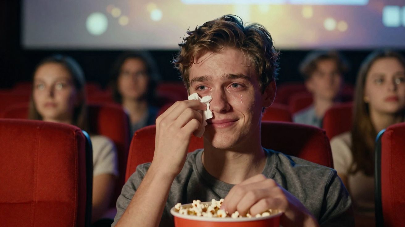 Junger Mann sitzt im Kino, wischt sich Tränen ab und hält einen Eimer Popcorn.