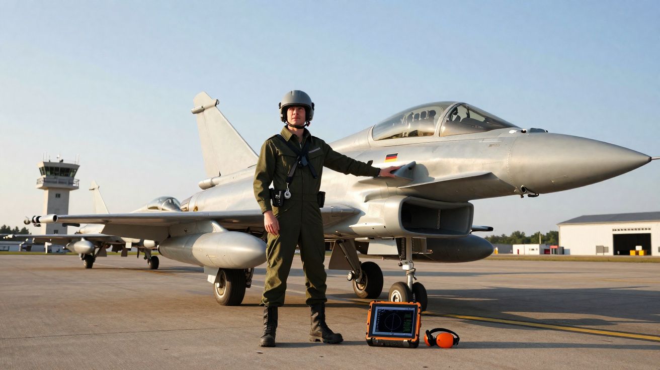 Militärpilot in Fluganzug vor einem Eurofighter-Jagdflugzeug auf einer Startbahn bei klarem Himmel.