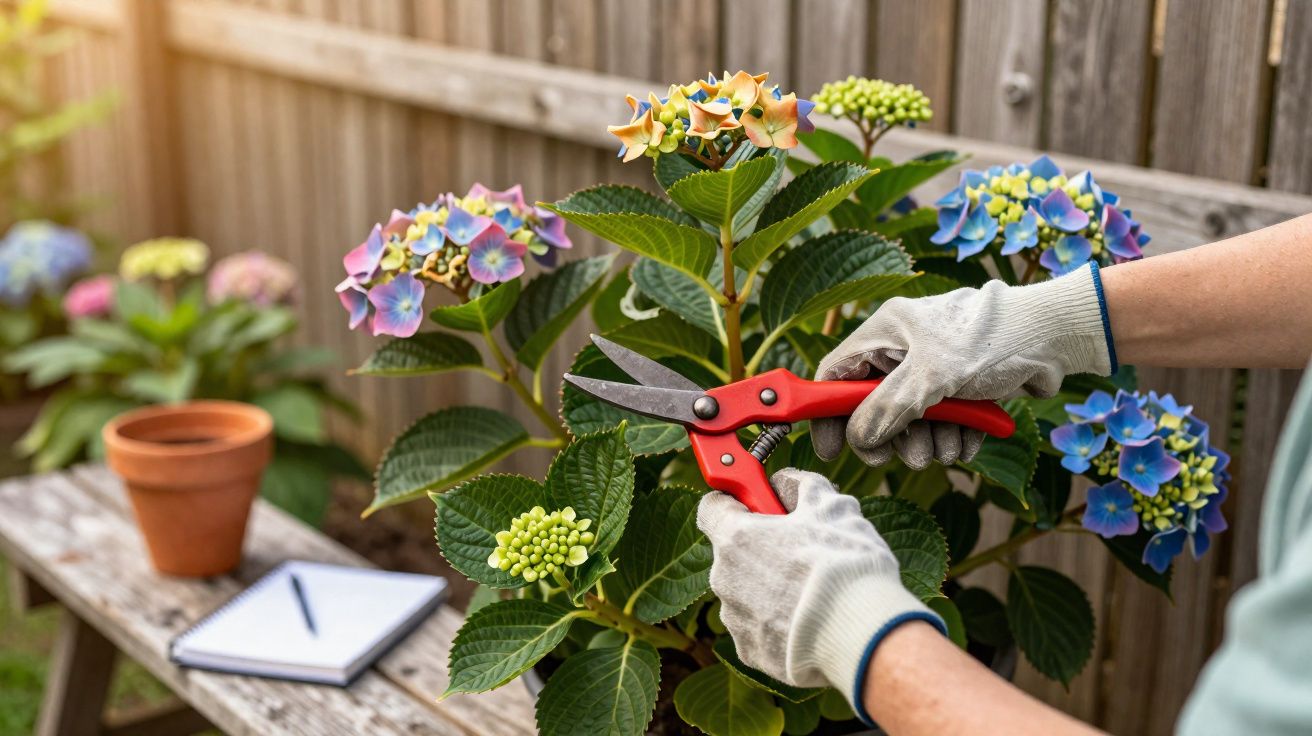 Person schneidet bunte Hortensienblüten mit roter Gartenschere in einem Garten mit Holzzaun.