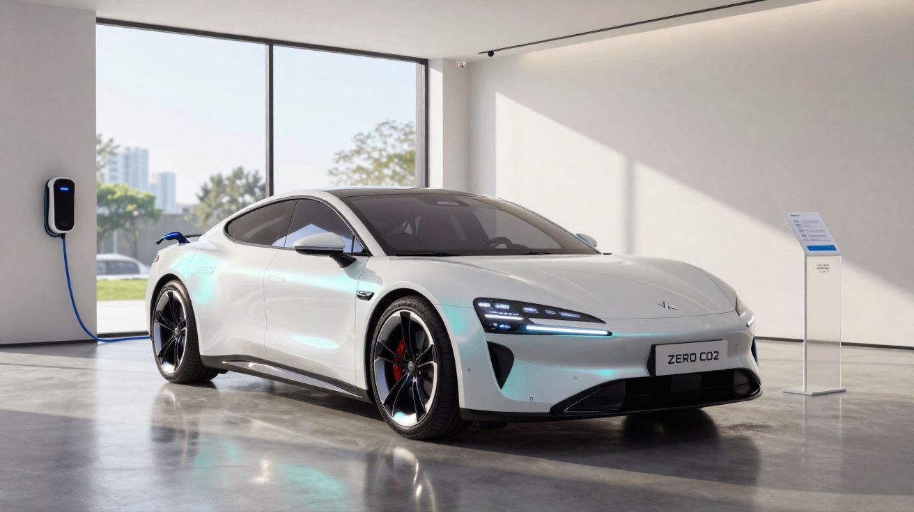Elektroauto in weiß an Ladestation in modernem, hellem Ausstellungsraum mit großen Fenstern.