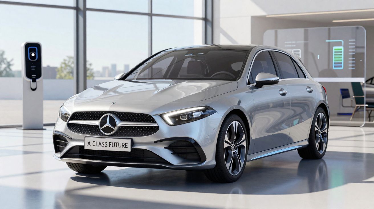 Silberner Mercedes A-Class Future Elektroauto in modernem Showroom mit Ladestation im Hintergrund.