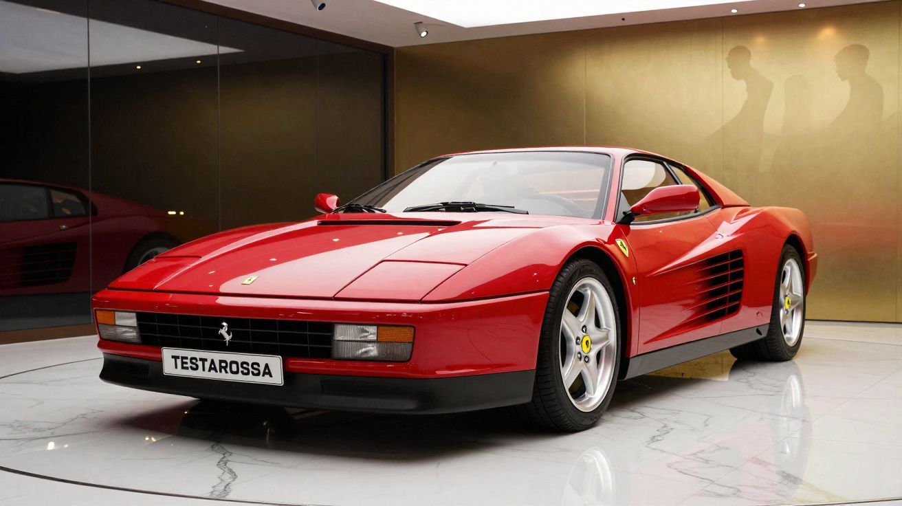 Roter Ferrari Testarossa Sportwagen in moderner Ausstellung mit goldener Wand im Hintergrund.