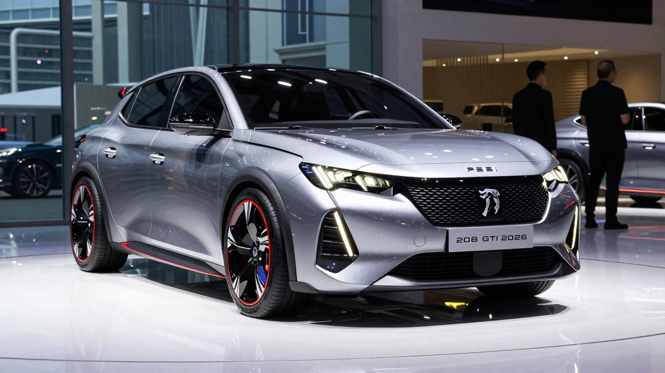 Silberner Peugeot 208 GTI 2026 auf glänzendem Messestand mit markantem Frontdesign und schwarzen Felgen mit roten Akzenten.
