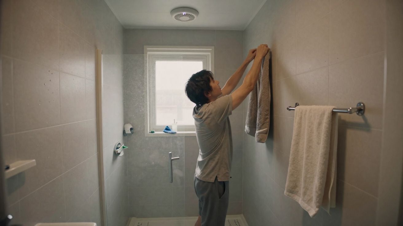 Mann hängt Handtuch in einem modernen, hellen Badezimmer mit Fliesen und Fenster auf.