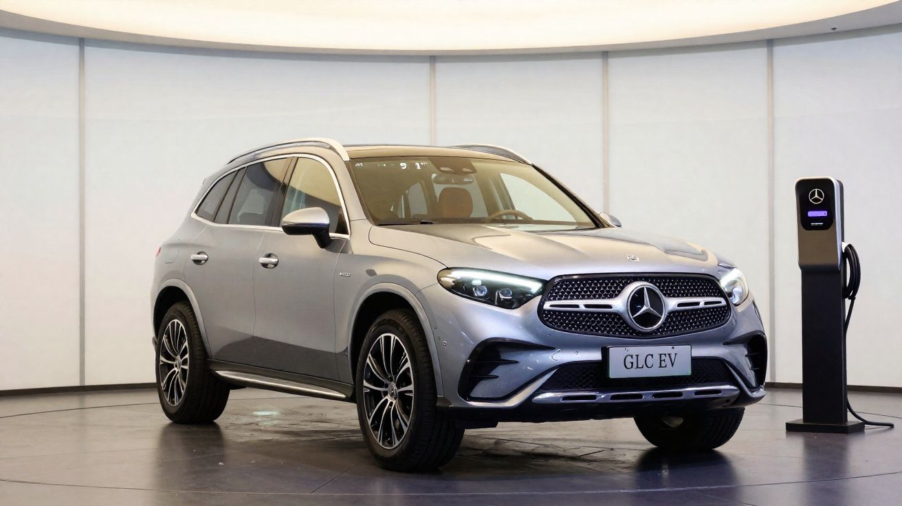 Silberner Mercedes GLC EV SUV neben Ladestation in modernem Showroom mit hellem Hintergrund.