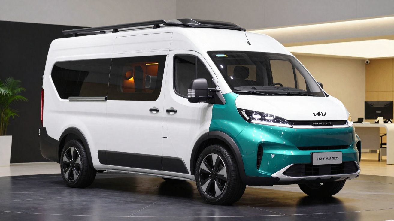 Weiß-türkiser Kia Camper 25 Van mit Dachgepäckträger, abgestellt in modernem Innenraum bei Präsentation.