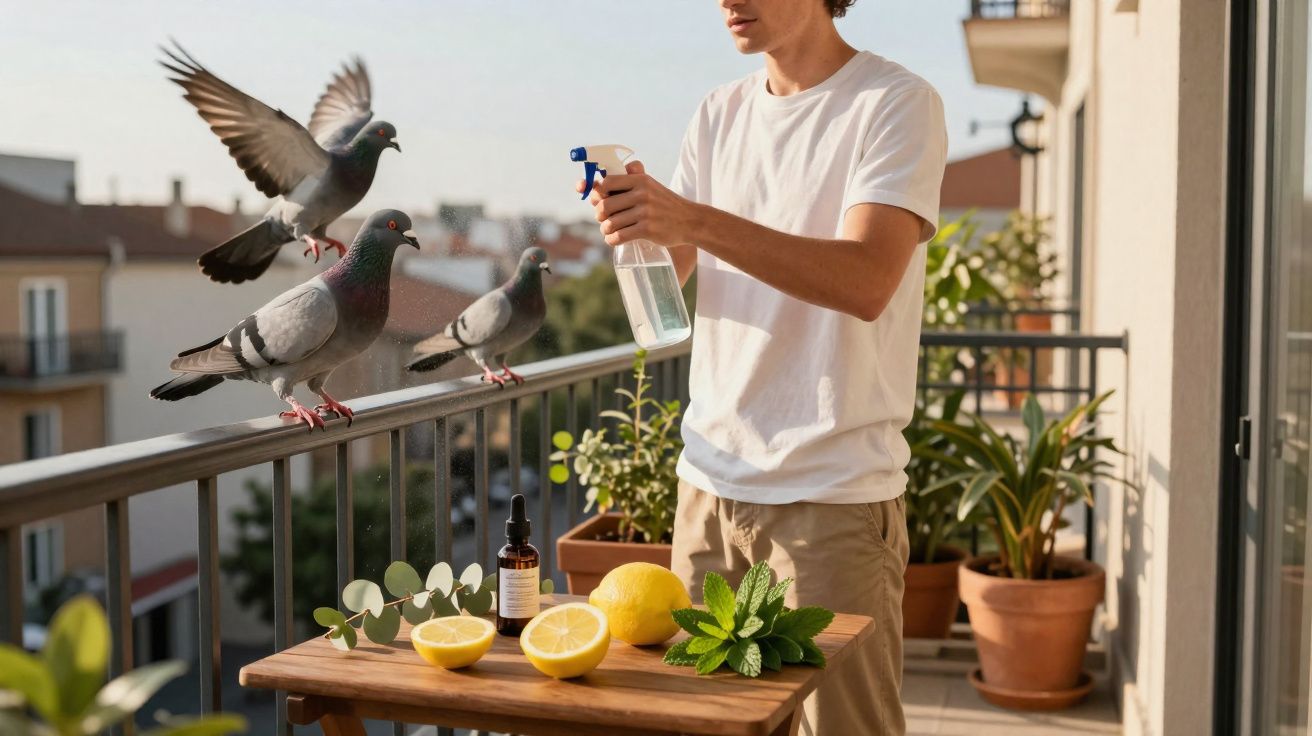 Mann besprüht Tauben vom Balkon mit Wasser, auf Tisch Zitronen, Minze und Pflanzen im Hintergrund.