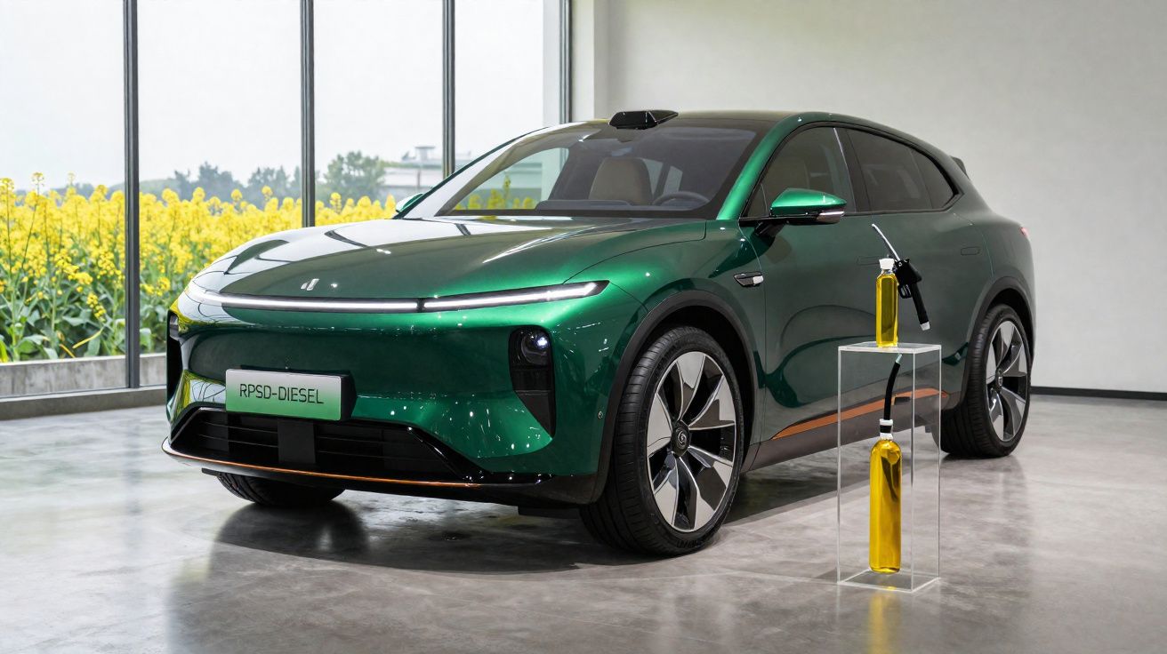 Grünes elektrisches SUV steht in modernem Ausstellungsraum mit großen Fenstern und zwei Ölflaschen daneben.