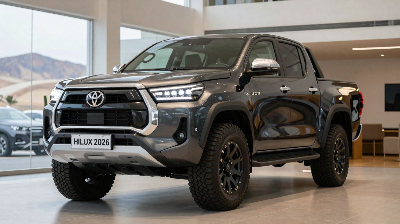 Dunkelgrauer Toyota Hilux 2026 Pickup mit robustem Design in moderner Ausstellungshalle.