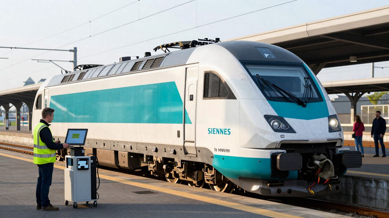 Moderner weiß-türkisfarbener Zug am Bahnsteig mit Techniker in Sicherheitsweste vor Laptop auf Wagen.
