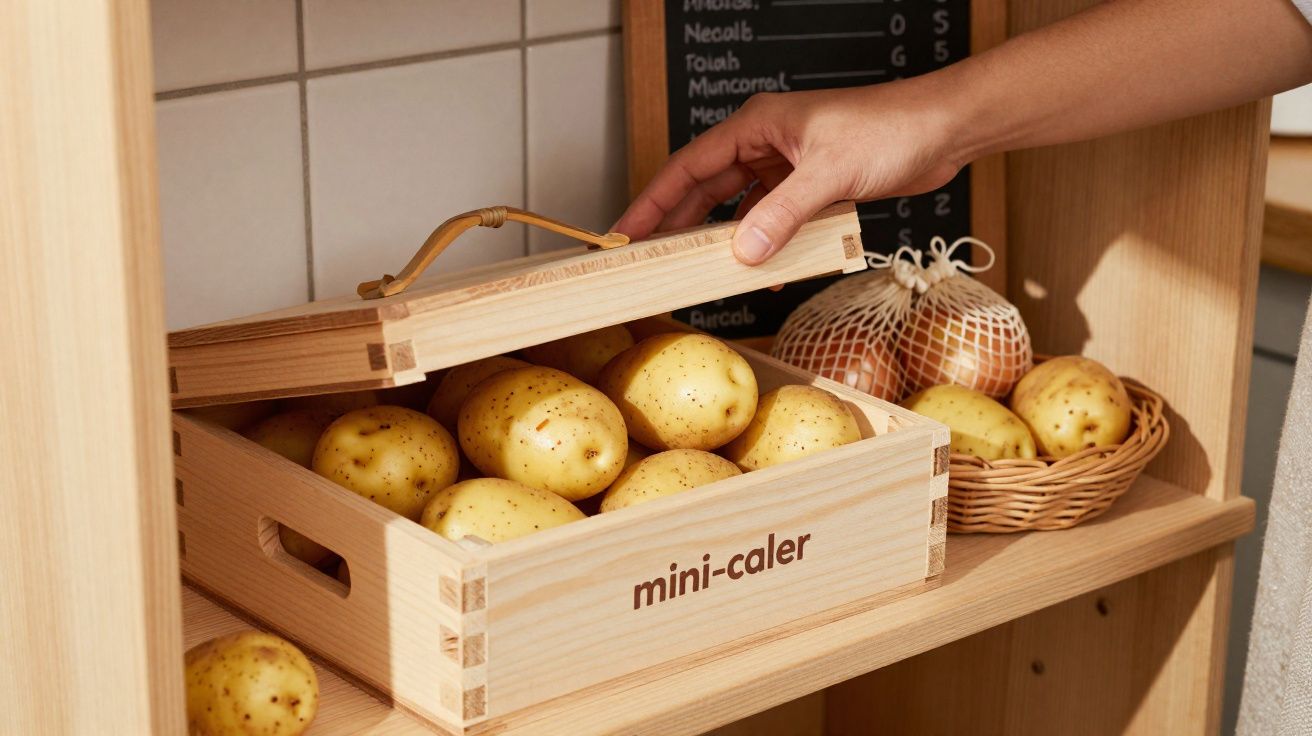 Hand öffnet Holzbox mit Kartoffeln, daneben Zwiebeln in Netz und Korb auf Küchenregal.