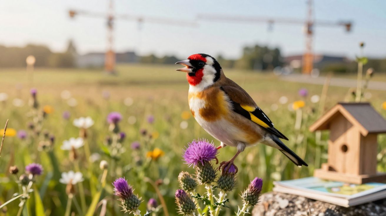 Stieglitz sitzt singend auf einer Distelblüte in einer blühenden Wiese mit Vogelhaus im Hintergrund.